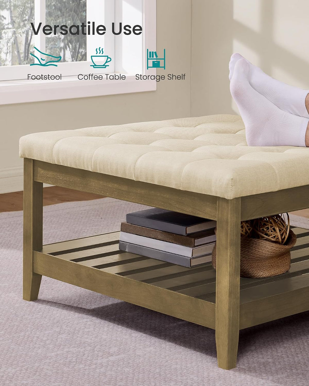 SONGMICS Storage Ottoman with Solid Wood Frame, 31.5 x 31.5 x 17.7 Inches