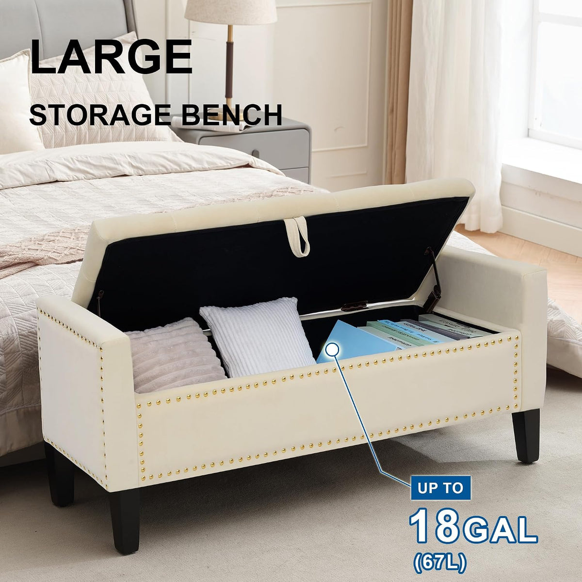 Storage Ottoman Bench, Velvet Upholstered Footstool, Beige