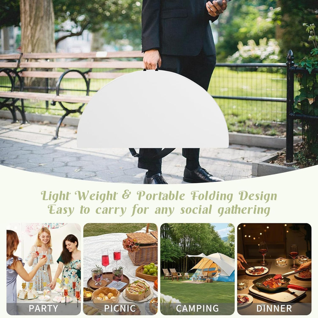 Fivenl Round Folding Tables White Foldable Table, Fold-in-Half with Carrying Handle Portable Plastic Table for Party, Dining, Wedding, Camping, Picnic, Indoor Outdoor Events (1, White, 4 FT)