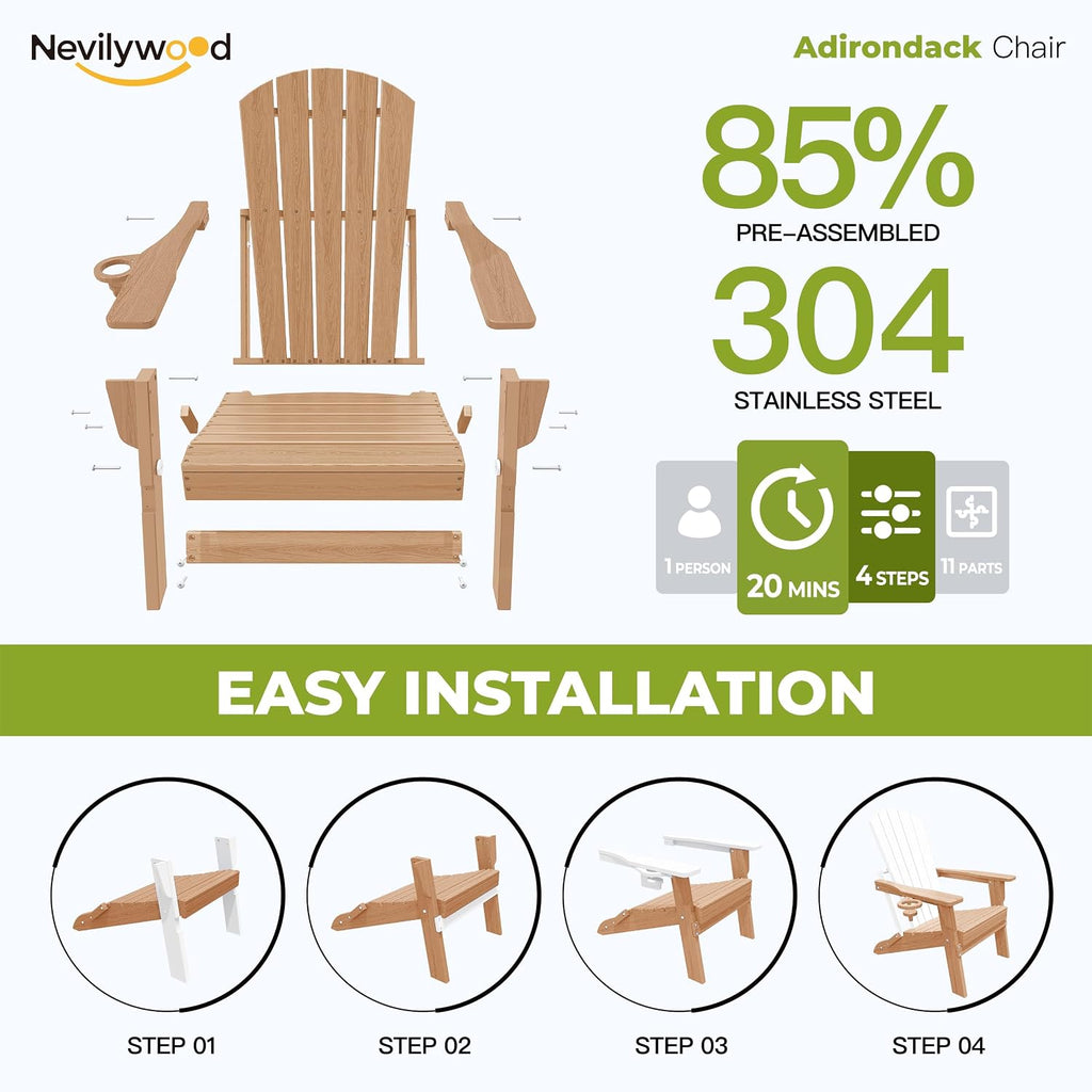 nevilywood Folding Adirondack Chair, HDPE Ergonomic Cup Holder, Teak