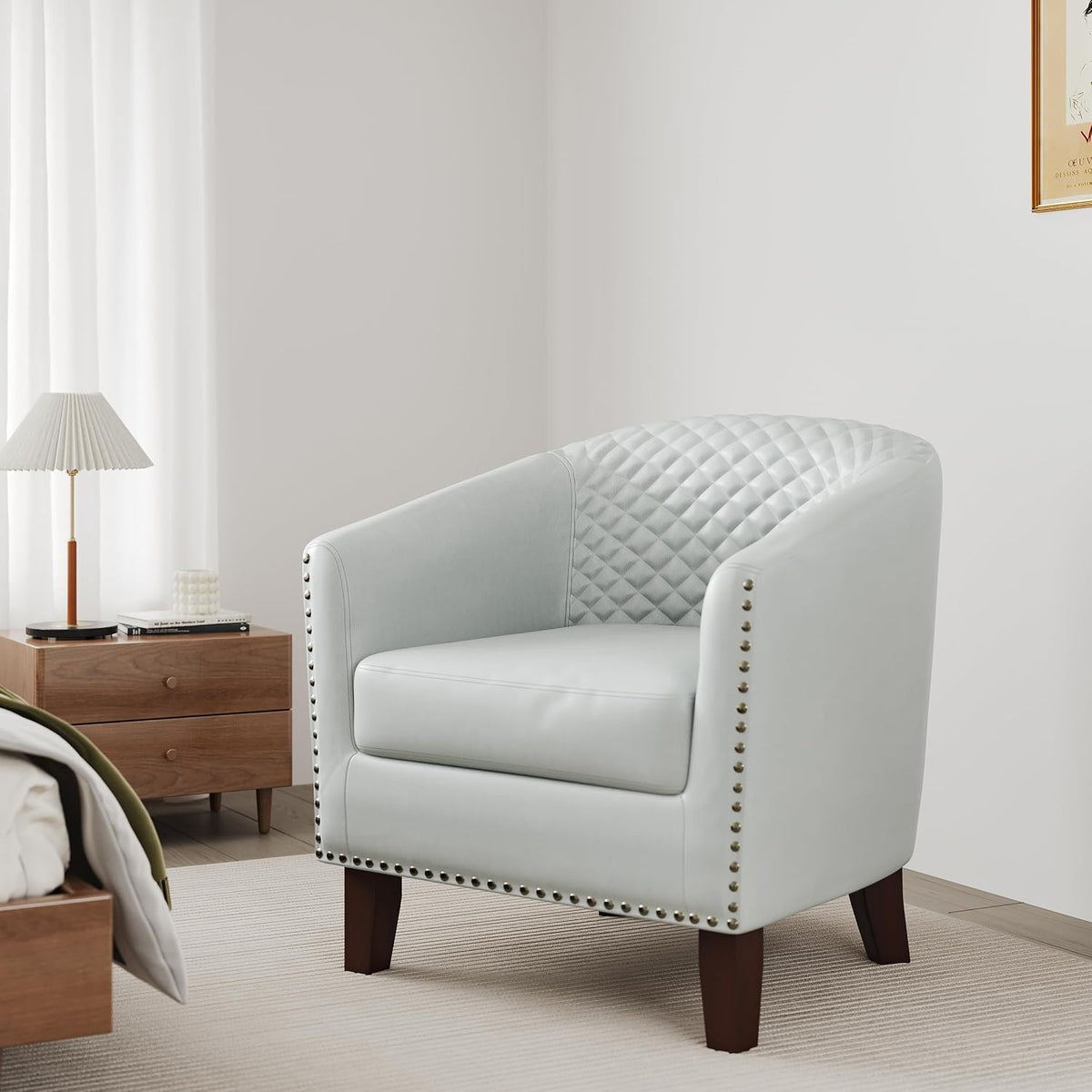 Faux Leather Barrel Accent Chair with Nailhead, White, Set of 4