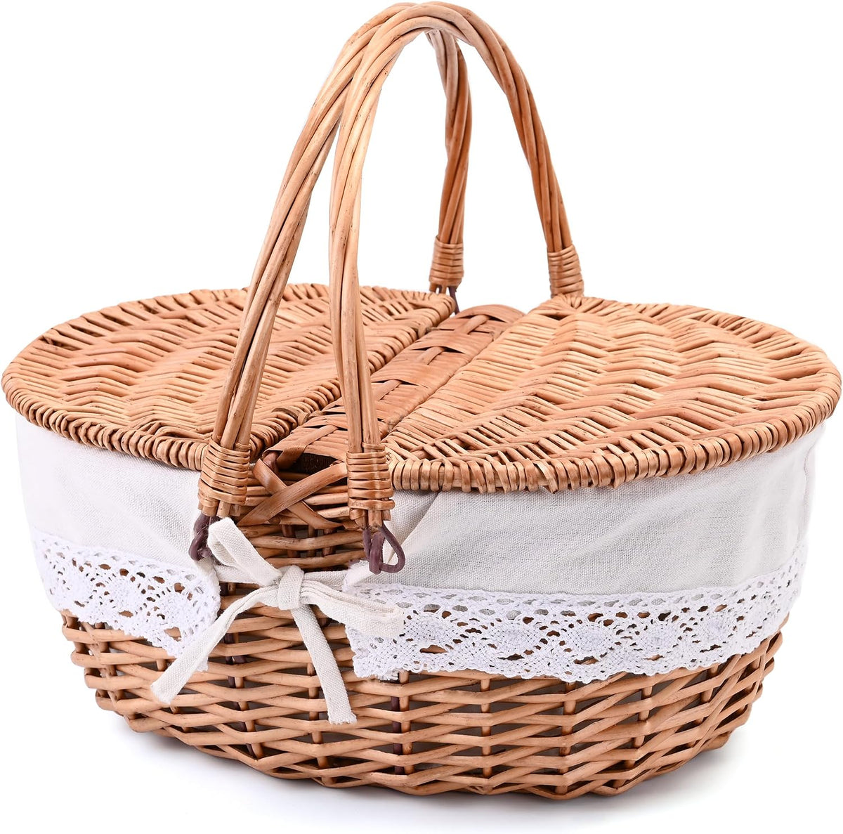 Wicker Picnic Basket with Removable Liner Empty Picnic Baskets with Lid, Picnic Hamper with Foldable Handles for Picnic 2, Natural Color, Large
