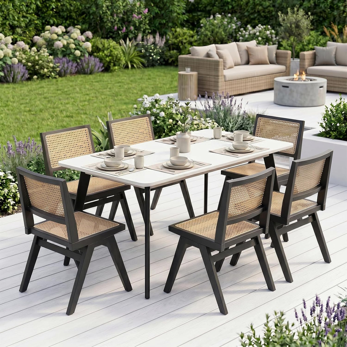 Rattan Armless Dining Chairs Set of 4,Black Solid Wood Mid Century Chairs