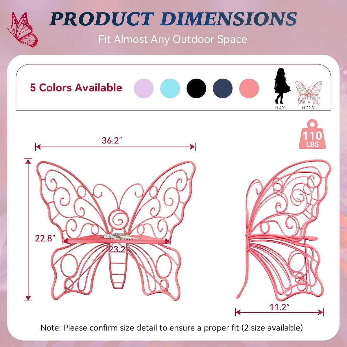 36 Inch Small Butterfly Bench, Cute Metal Outdoor Benches, Pink