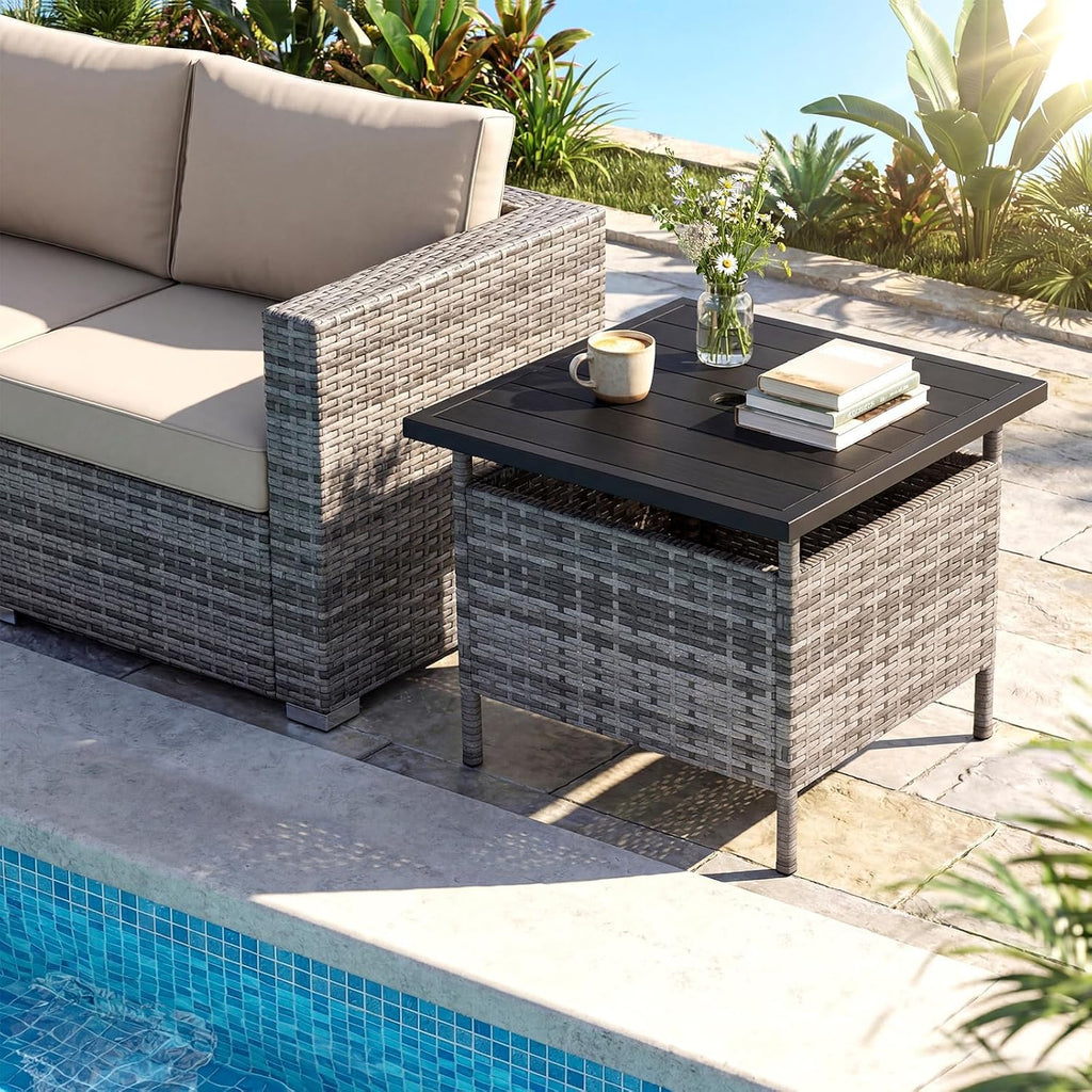 HAPPYGRILL Patio Umbrella Table Stand, Rattan Outdoor Side Table with Umbrella Hole, PE Wicker Frame, for Patio Garden Deck Poolside