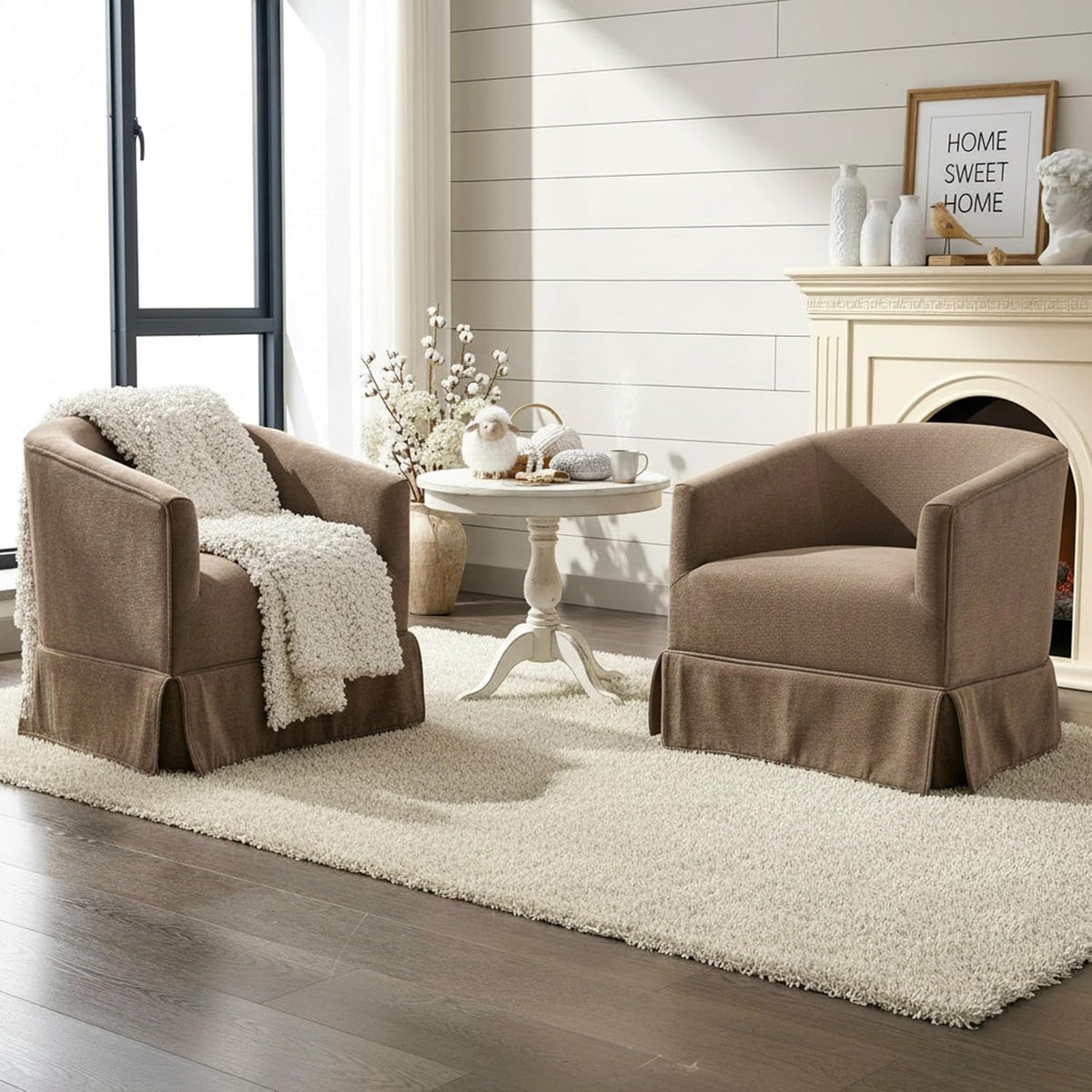 Swivel Accent Chairs Set of 2, Barrel Chair, Skirted Base, Brown