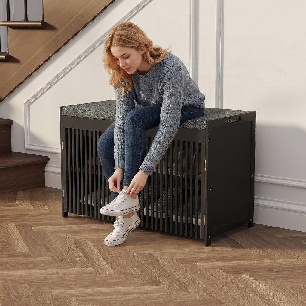 Shoe Storage Bench with Cushion, 2-Tier Bamboo Shoe Rack for Entryway