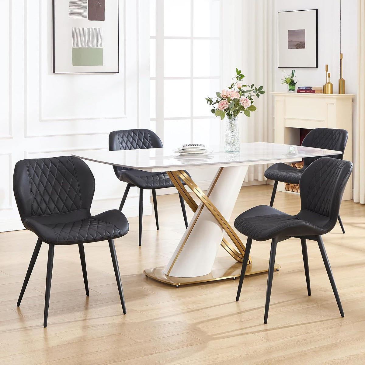 Dining Chairs Set of 2, Comfy Modern Dining Chairs with Thick Cushions, Upholstered Fabric Kitchen Side Chairs with Adjustable Metal Legs for Dining Room (Black)