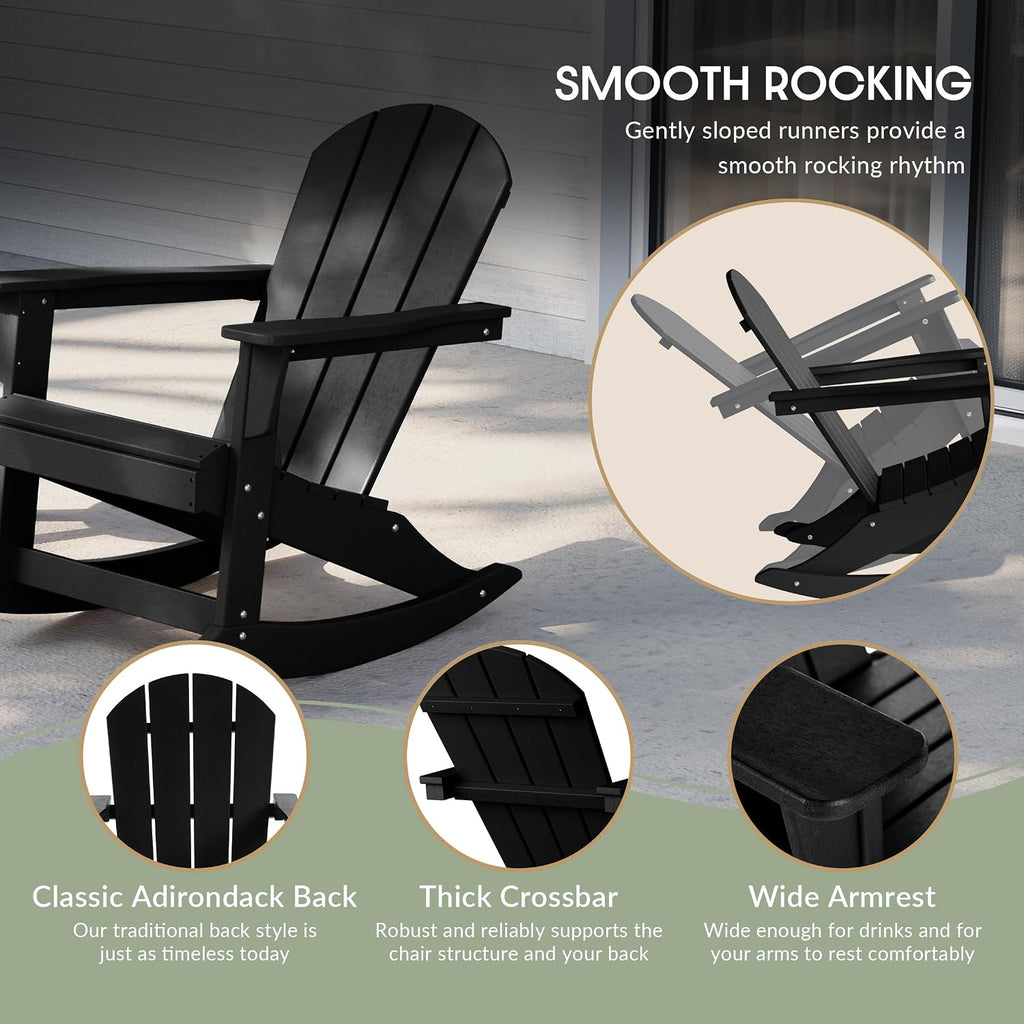 WestinTrends Malibu 3-Piece Set Outdoor/Patio Poly Adirondack Rocking Chairs with a Side Table (2 Seater), Black