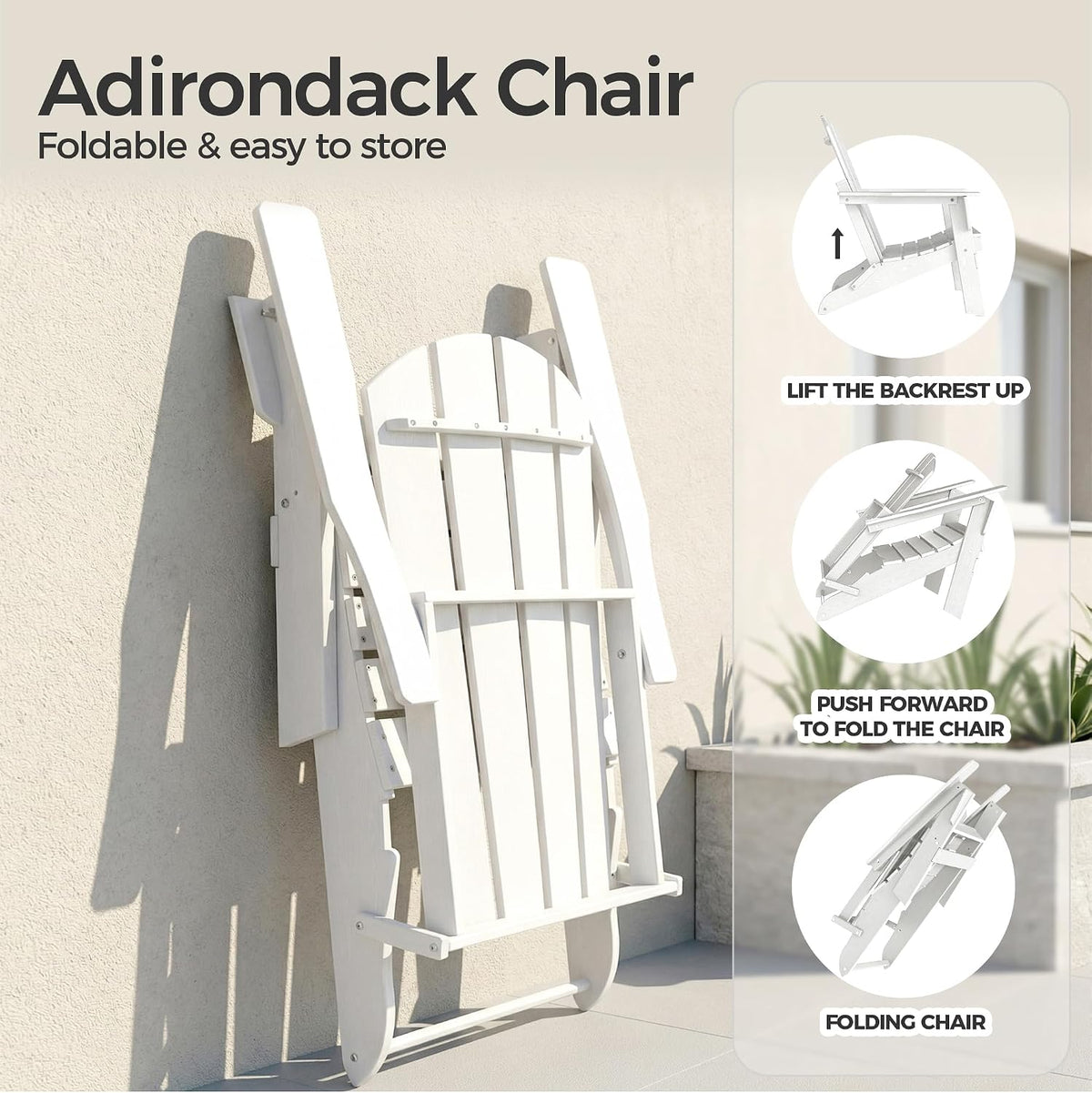 Folding Adirondack Chair, Portable HDPE Patio Chair, White