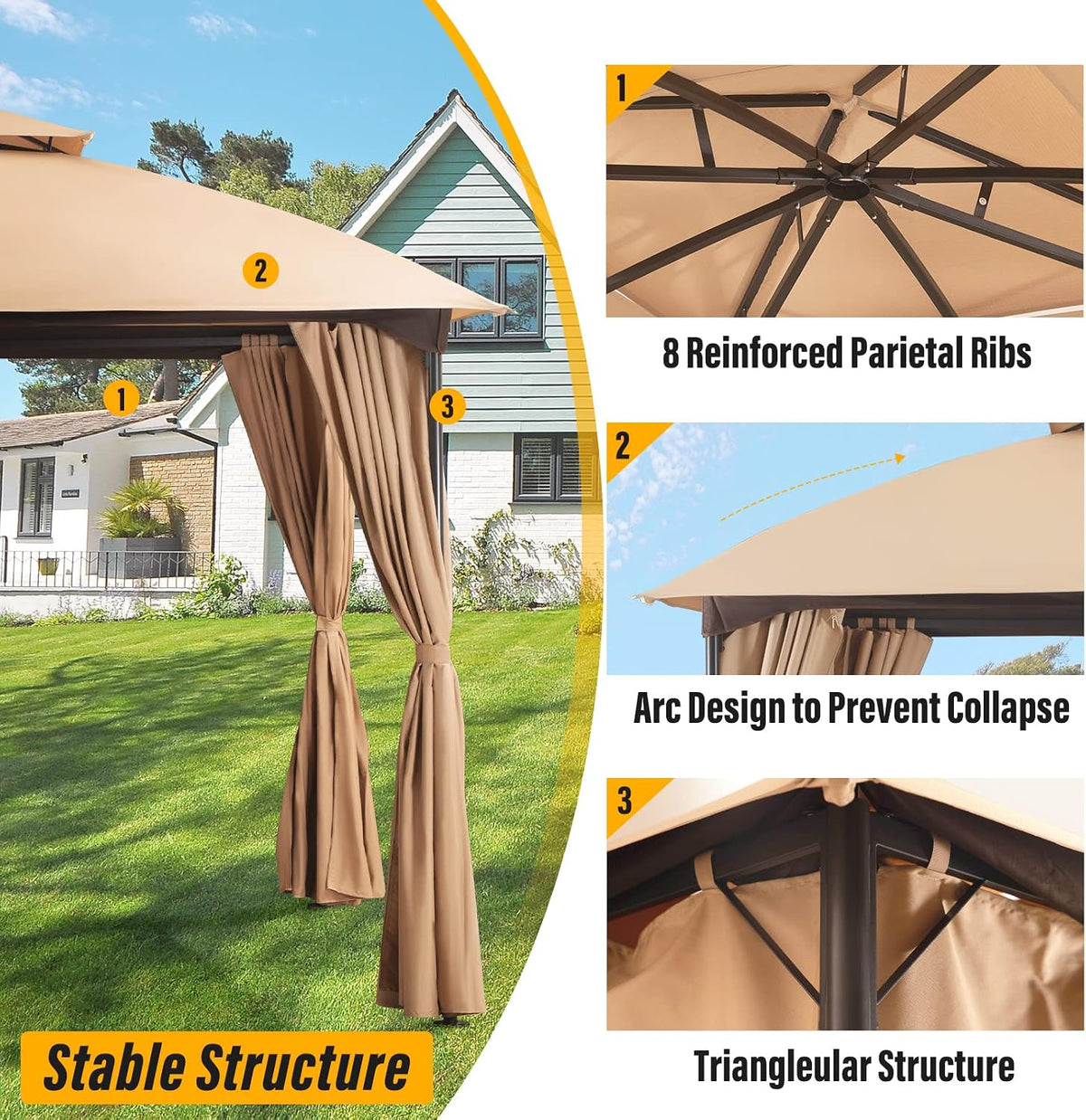 LAUSAINT HOME 10'x10' Patio Arc Gazebo, Outdoor Canopy Tent with Curved Roof Design, Double Tier Top, Privacy Curtains & Wind-Resistant Ropes, Backyard Garden Lawn, Khaki