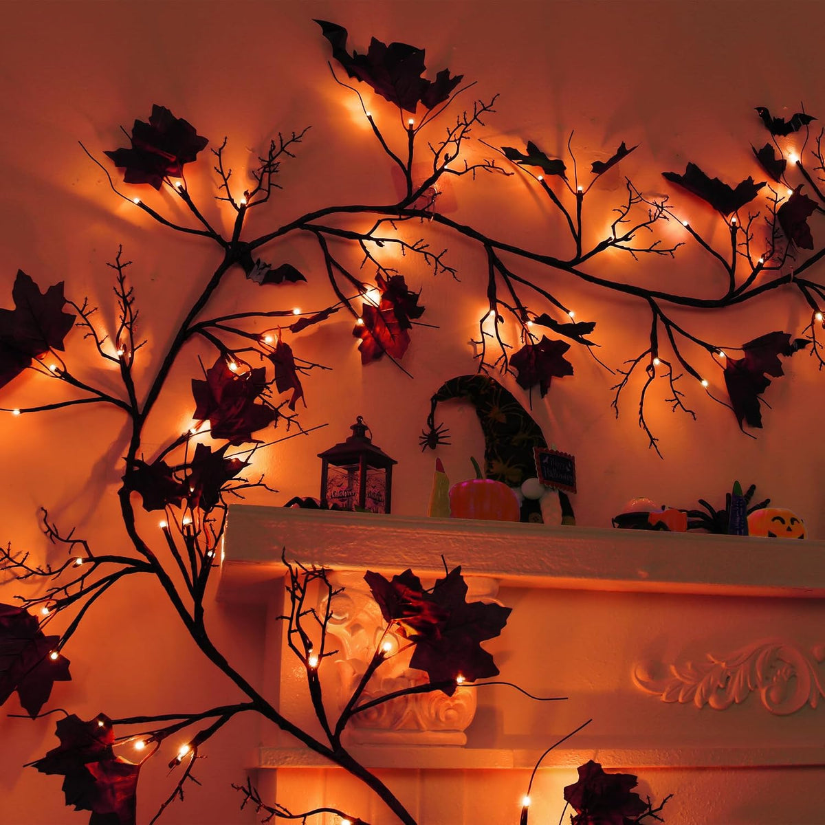 9 FT 72 LED Willow Vine Twig Decor Black Halloween Garland with Orange Lights, 8 Modes & Timer Waterproof Battery Operated for Home Fireplace Mantle Wall Office Indoor Halloween Decorations Party