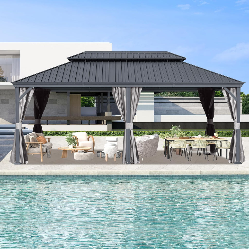 Domi 14’ x 24’ Outdoor Hardtop Gazebo, Upgraded Metal Gazebo with Galvanized Steel Double Roof, Heavy Duty Canopy Permanent Pavilion for Patio Lawn and Garden, Curtains and Netting Included, Grey