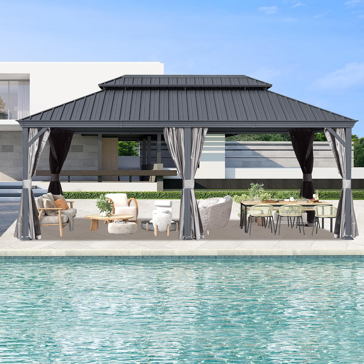 Domi 14’ x 24’ Outdoor Hardtop Gazebo, Upgraded Metal Gazebo with Galvanized Steel Double Roof, Heavy Duty Canopy Permanent Pavilion for Patio Lawn and Garden, Curtains and Netting Included, Grey