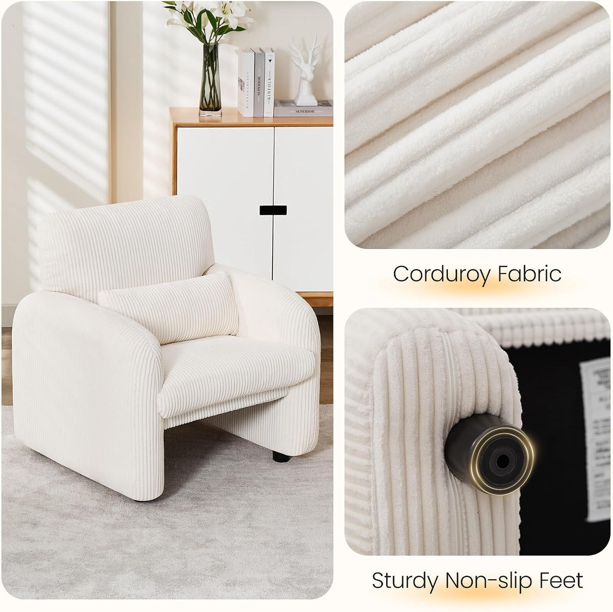 Modern Accent Chair, Comfy Upholstered Corduroy Armchair, Stylish Lounge Reading Chair for Living Room, Bedroom, Beige
