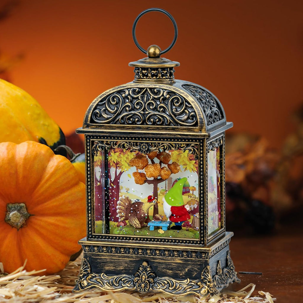 Fall Decor Snow Globe Lantern, Thanksgiving Decoration Swirling Glitter Gnome Snow Globe with Turkey, Harvest Day Gifts, Home Fall Halloween Decor