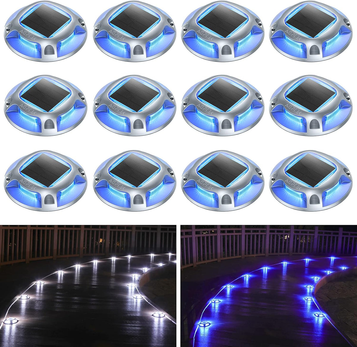 AGPTEK Solar Driveway Lights Outdoor 12 Pack, 2 Color Modes LED Deck Dock