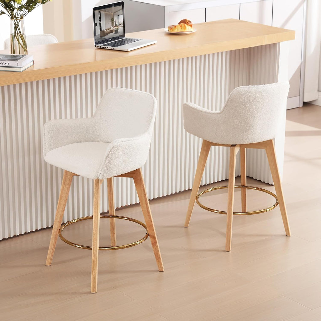 ONEVOG Boucle 26" Counter Height Bar Stools Set of 4, Swivel Modern Kitchen Island Tall Chairs with Back, Arm, Footrest and Wooden Legs, Sherpa Fabric Upholstered Barstools for Pub/Dining Room, White