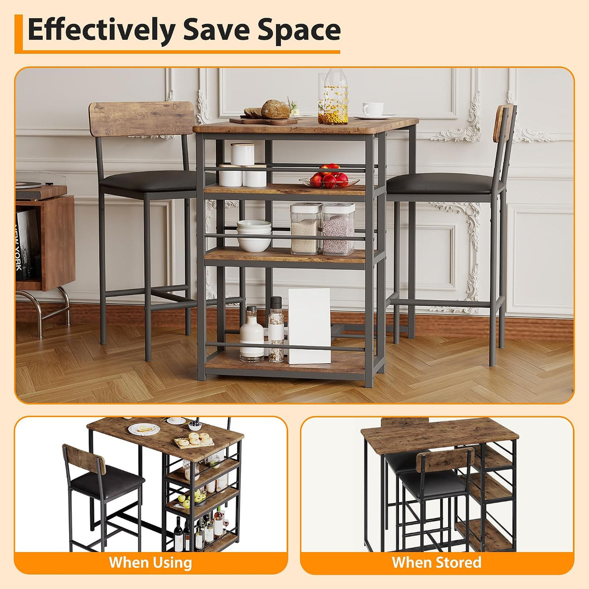 3-Piece Small Bar Table and Chairs Set for 2,Small Dining Table with 2 PU Cushioned Stools,3 Storage Shelves, Space Saving Kitchen Table Set for Breakfast Nook, Apartment, Bistro,Brown.