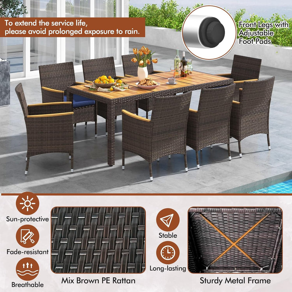 COSTWAY 9-Piece Patio Rattan Wicker Dining Set for 8 with Umbrella Hole