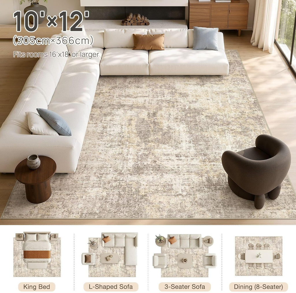 cotiled 10x12 Area Rug for Living Room: Washable Soft Abstract Rugs Beige