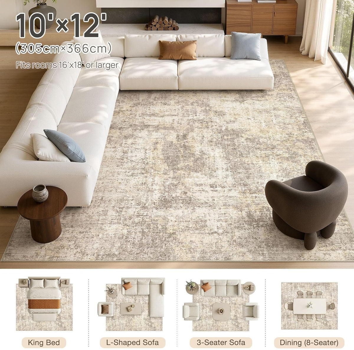 cotiled 10x12 Area Rug for Living Room: Washable Soft Abstract Rugs Beige