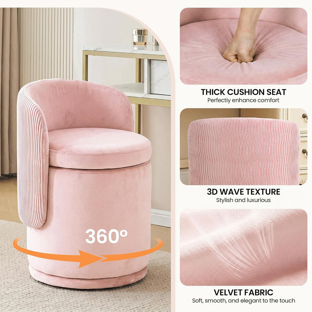 MALOL 360° Swivel Velvet Vanity Chair with Storage, Pink