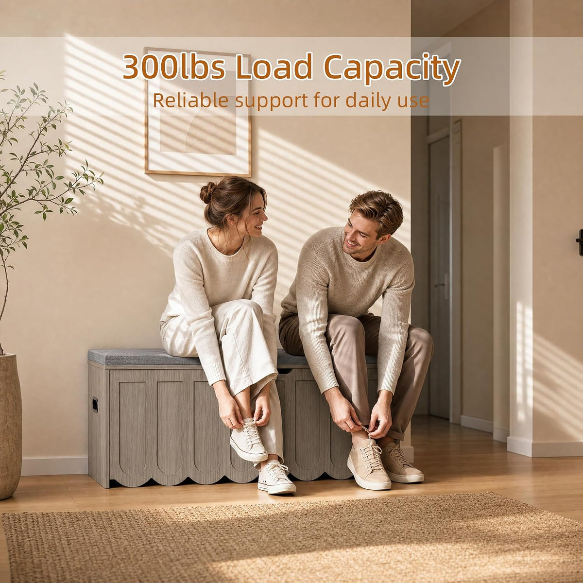 DHZ 47.2 Inch Wooden Storage Bench, Storage Chest with Cushion Seat, 4 Swivel Wheels and 2 Safety Hinges, Entryway Storage Bench for Living Room, Bedroom