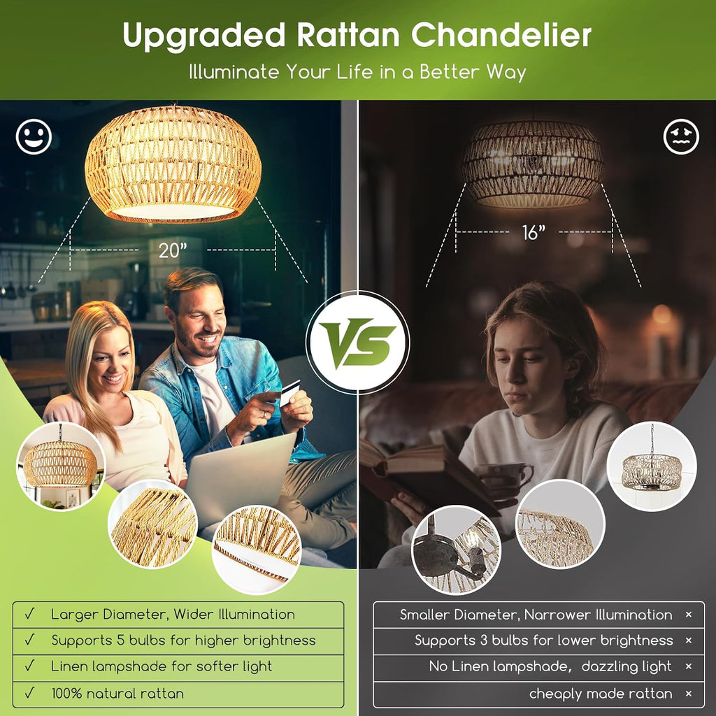 19" Boho Rattan Chandelier for Dining Room 5-Lights Farmhouse Chandelier