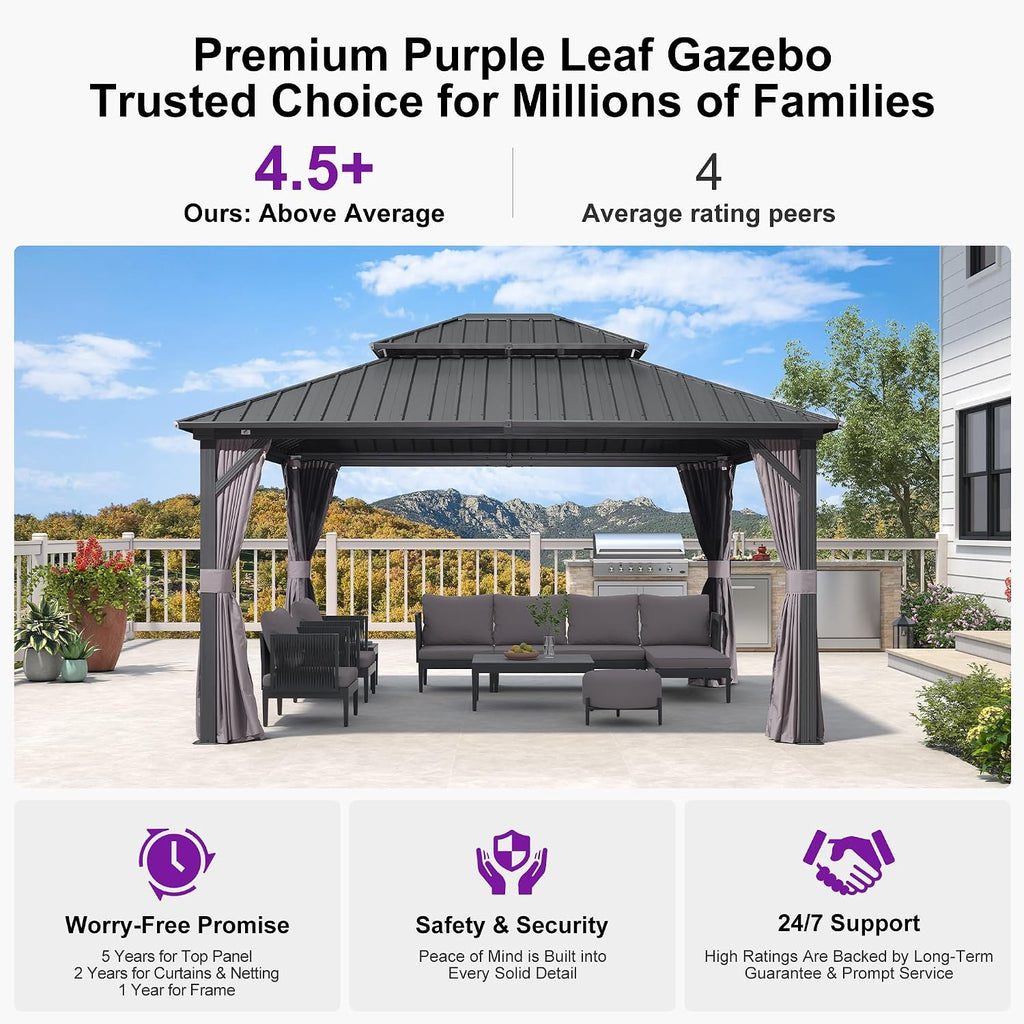 PURPLE LEAF Patio Aluminum Hardtop Gazebo 12' x 14' Privacy Curtain, Grey