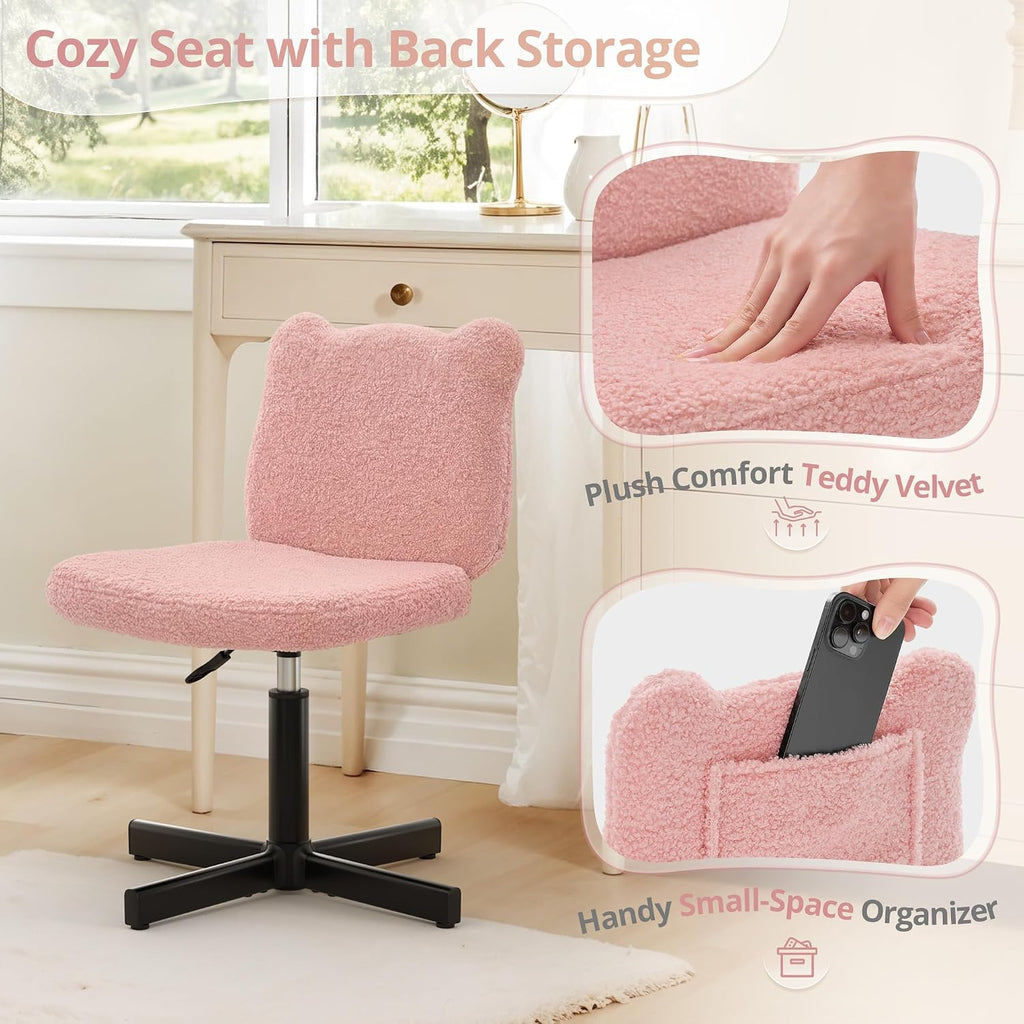 LUE BONA Cute Bear Ear Vanity Chair for Teen Girls - Height Adjustable 13.8"-18.9" Swivel Stool with Back Support, Teddy Velvet Makeup Ottoman, 300lbs, Pink