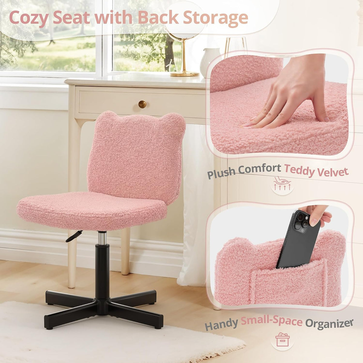 LUE BONA Cute Bear Ear Vanity Chair for Teen Girls - Height Adjustable 13.8"-18.9" Swivel Stool with Back Support, Teddy Velvet Makeup Ottoman, 300lbs, Pink