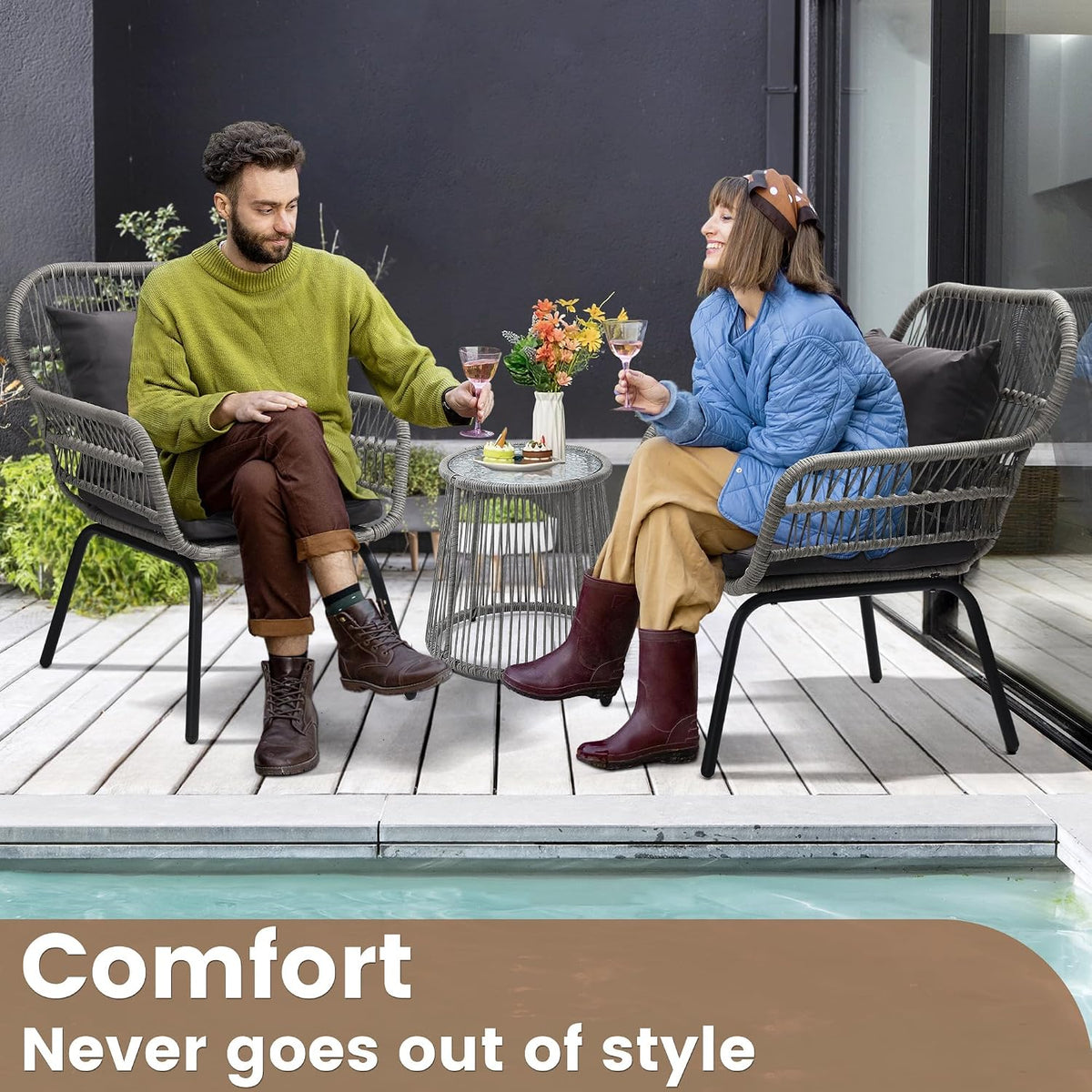 wildformers 3 pieces rattan wicker bistro set, patio, close-up detail