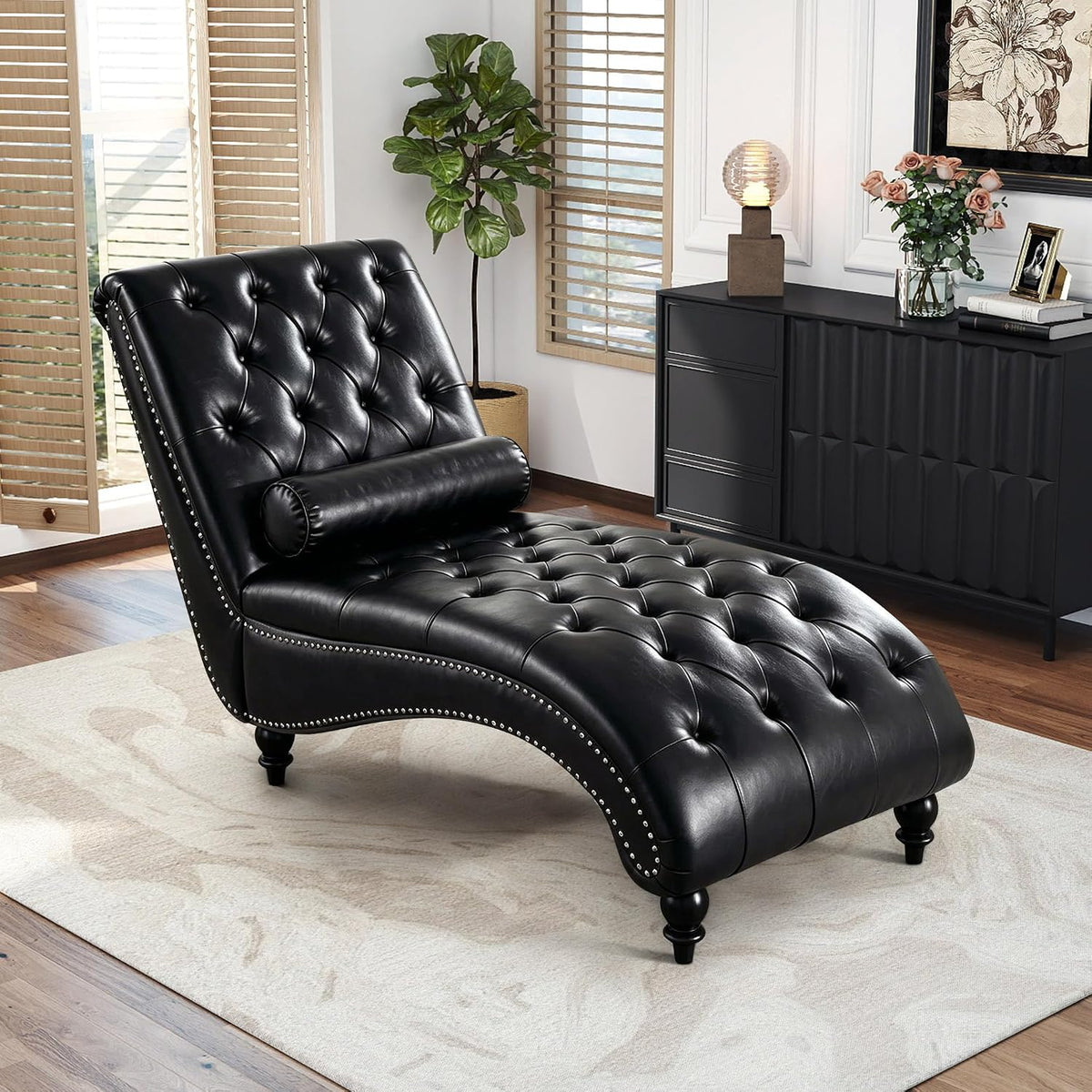 Faux Leather Chaise Lounge Indoor with Toss Pillow, Modern Chaise Lounge Chair, Upholstered PU Armless Ergonomic Chairs with Tufted Buttons and Nail Heads for Living Room, Bedroom Furniture, Black