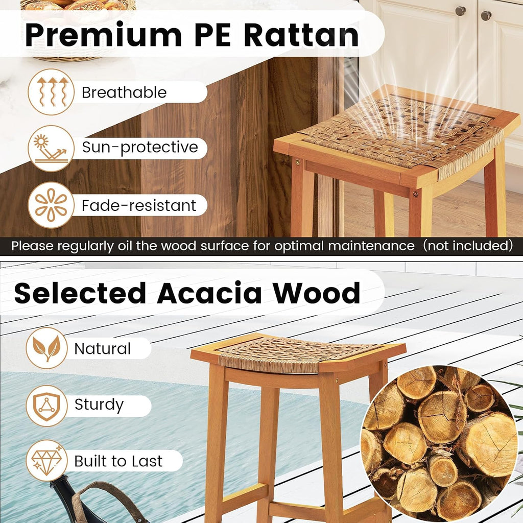 GIANTEX Outdoor Wooden Bar Stools Set of 2, 29" Backless Patio Barstools with PE Rattan Saddle Seat & Footrest, Solid Acacia Wood Bar Height Stools for Porch, Garden, Backyard, Poolside, Armless