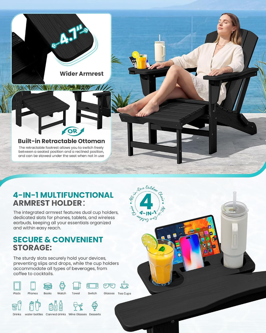 SERWALL Folding Adjustable Adirondack Chairs with Footrest Set of 4, HDPE Outdoor Chair with 4-in-1 Cup Holders, All Weather Adirondack Chair with Ottoman, Black