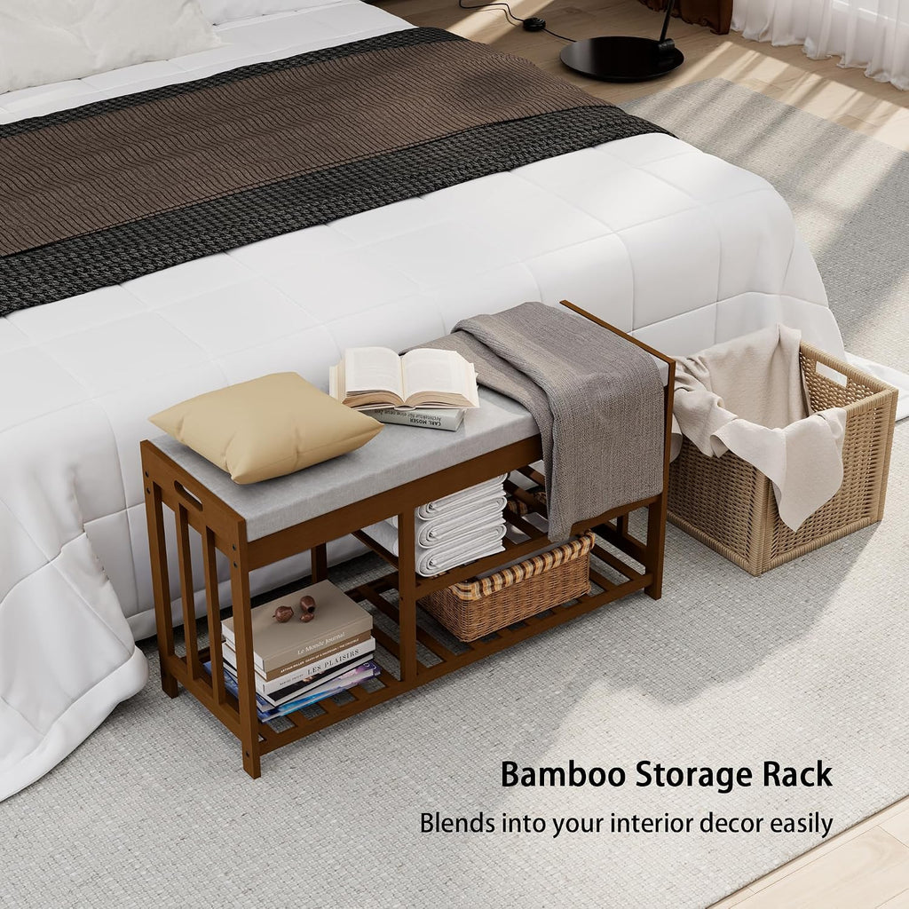 Bamboo Shoe Storage Bench with Cushioned Seat 3-Tier Entryway Shoe Rack