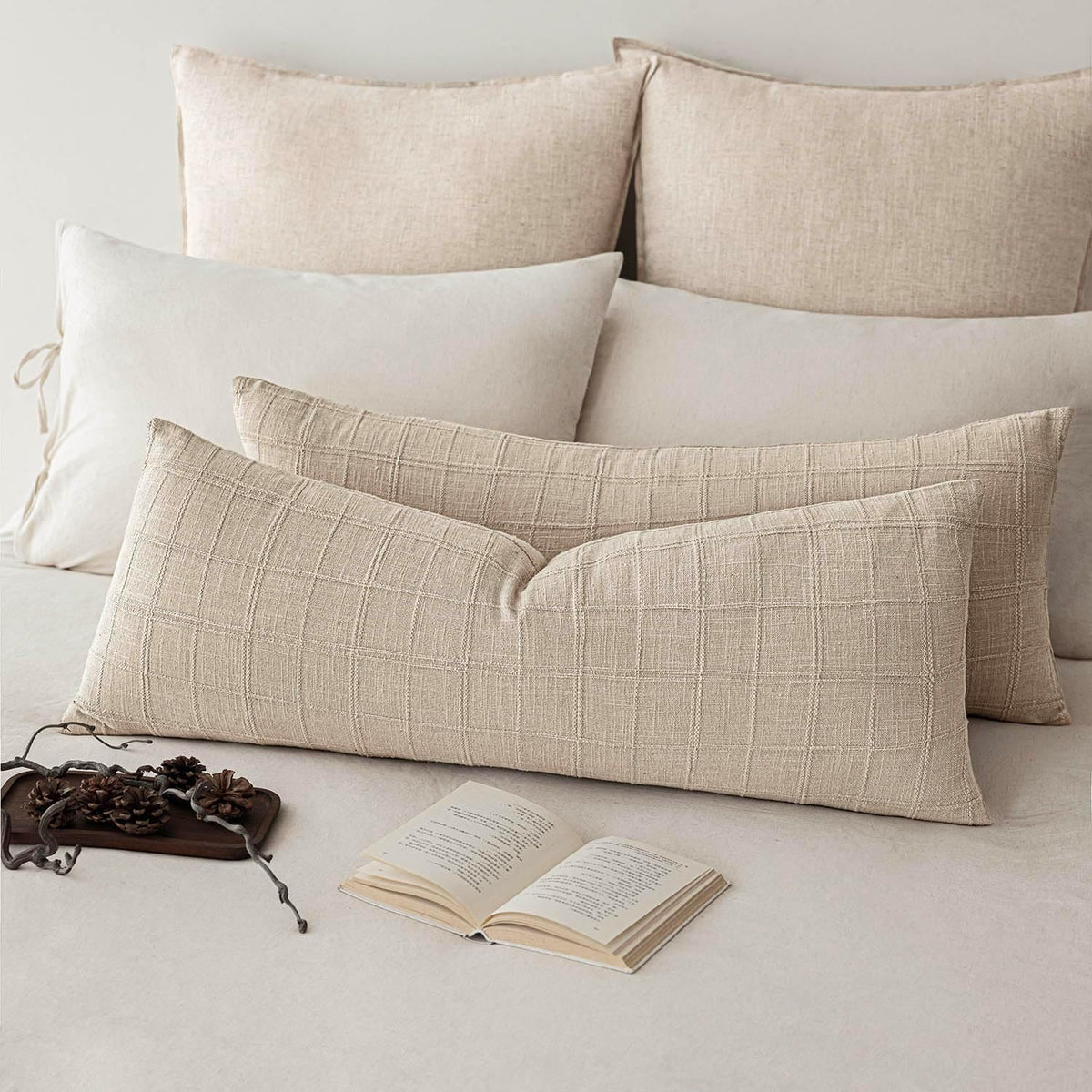 Foindtower Long Linen Check Lumbar Throw Pillow Cover 14×36 Cream White