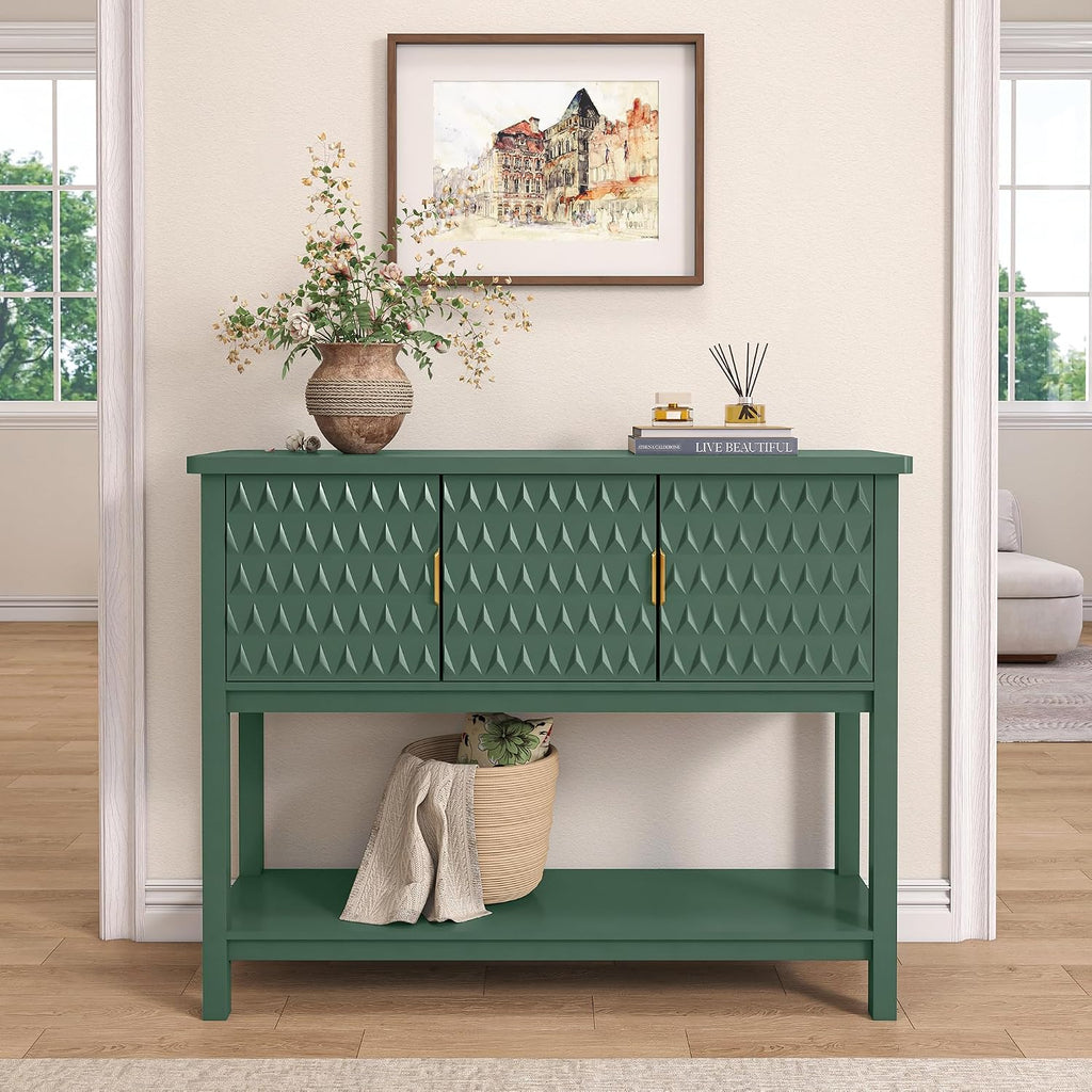 42” Modern Console Table with 3 Diamond Doors & Shelf for Entryway, Green