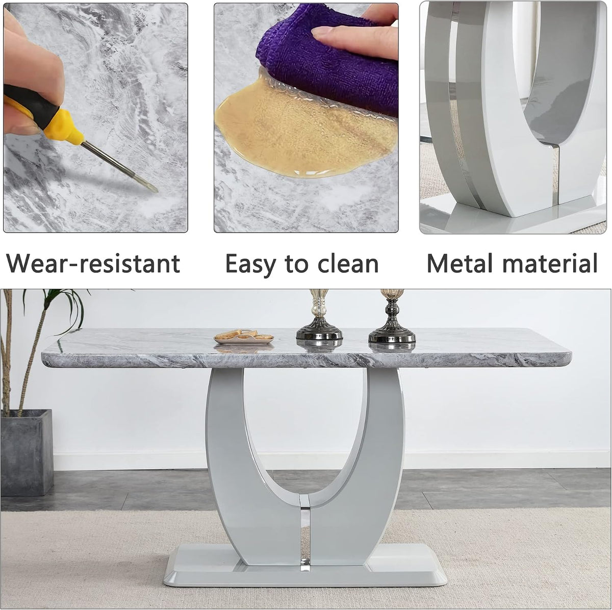 JUFU Modern Dining Set Table and 4 Chairs,Grey Faux Marble Dining Table Set for 4,Dining Room Table Set and 4 PU Leather Upholstered Dining Chairs,63'' Large Dinner Table Set