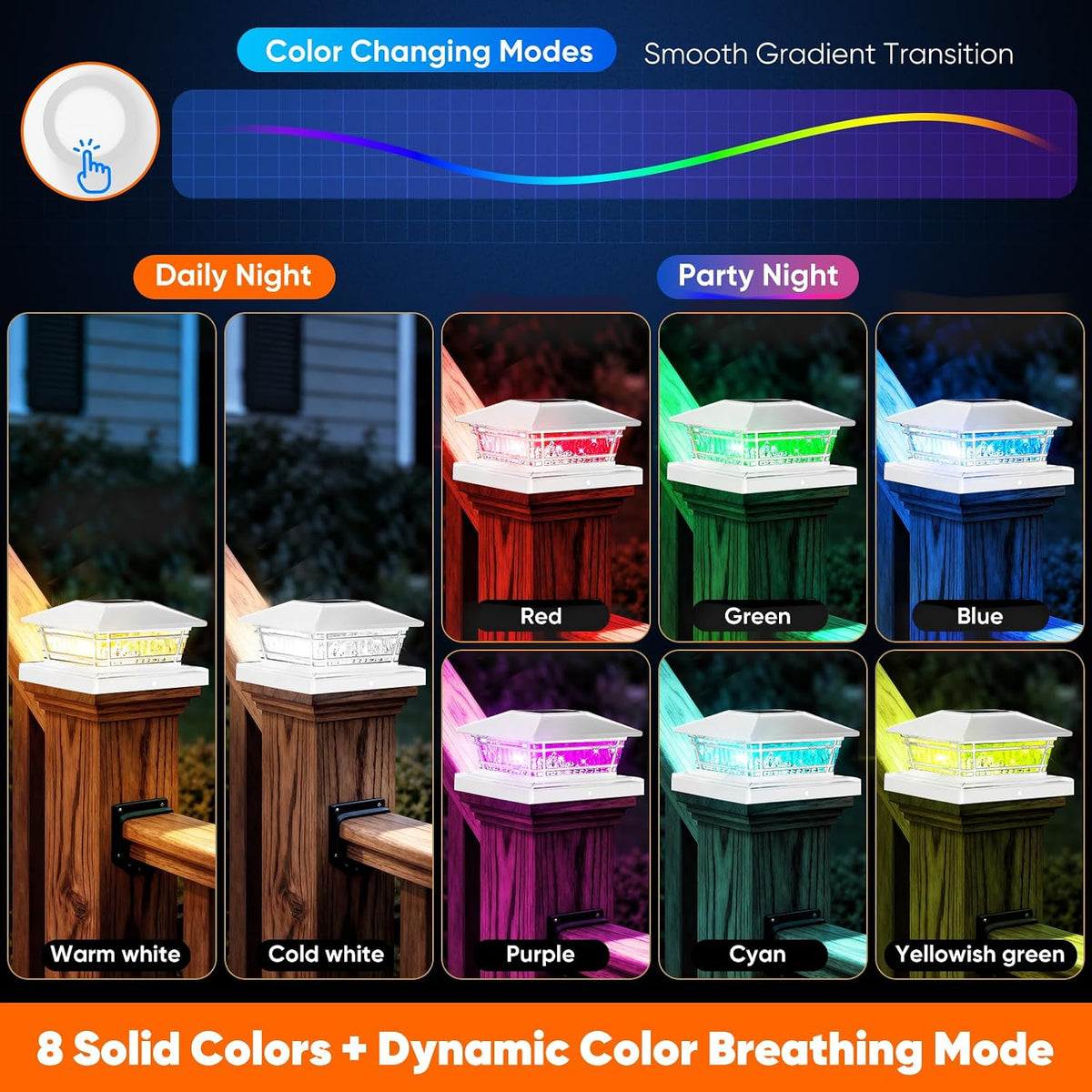 Solar Post Cap Lights Outdoor 8 RGB Solid Colors & Color Changing