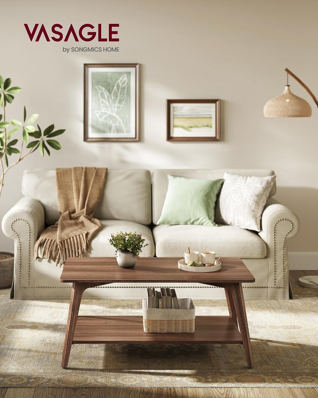 VASAGLE Coffee Table, 2-Tier Center Table with Storage, Tapered Legs