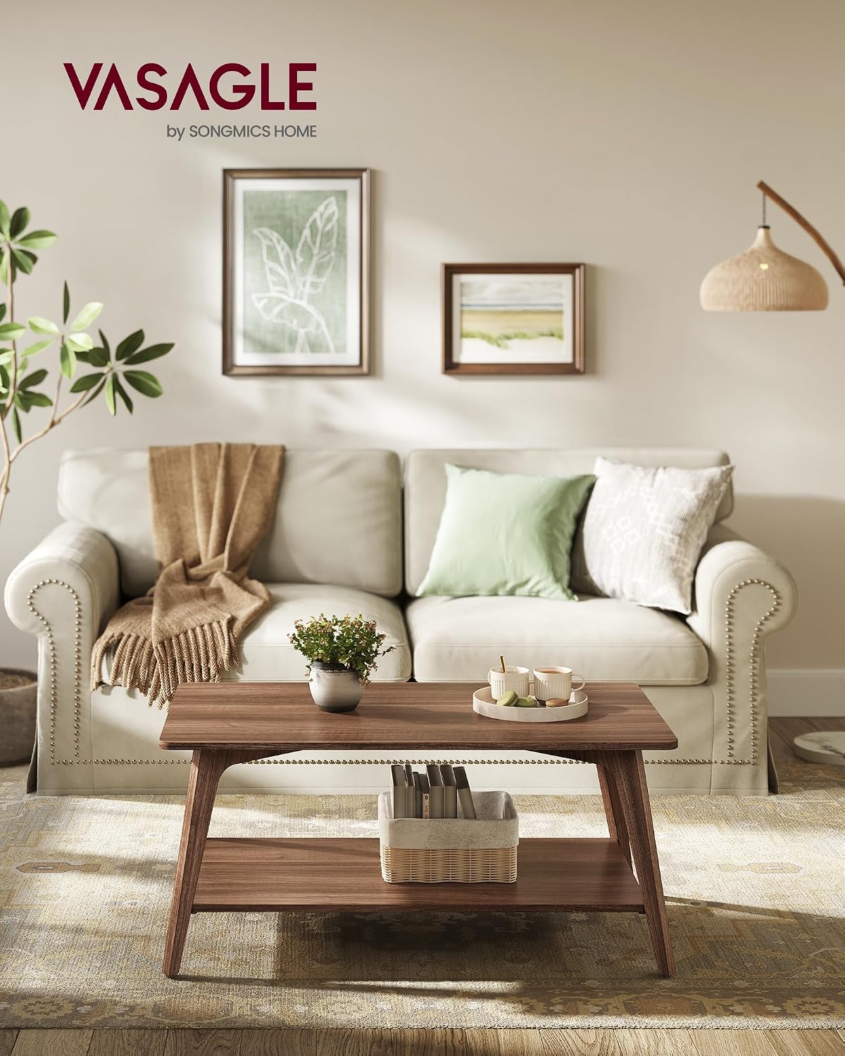 VASAGLE Coffee Table, 2-Tier Center Table with Storage, Tapered Legs