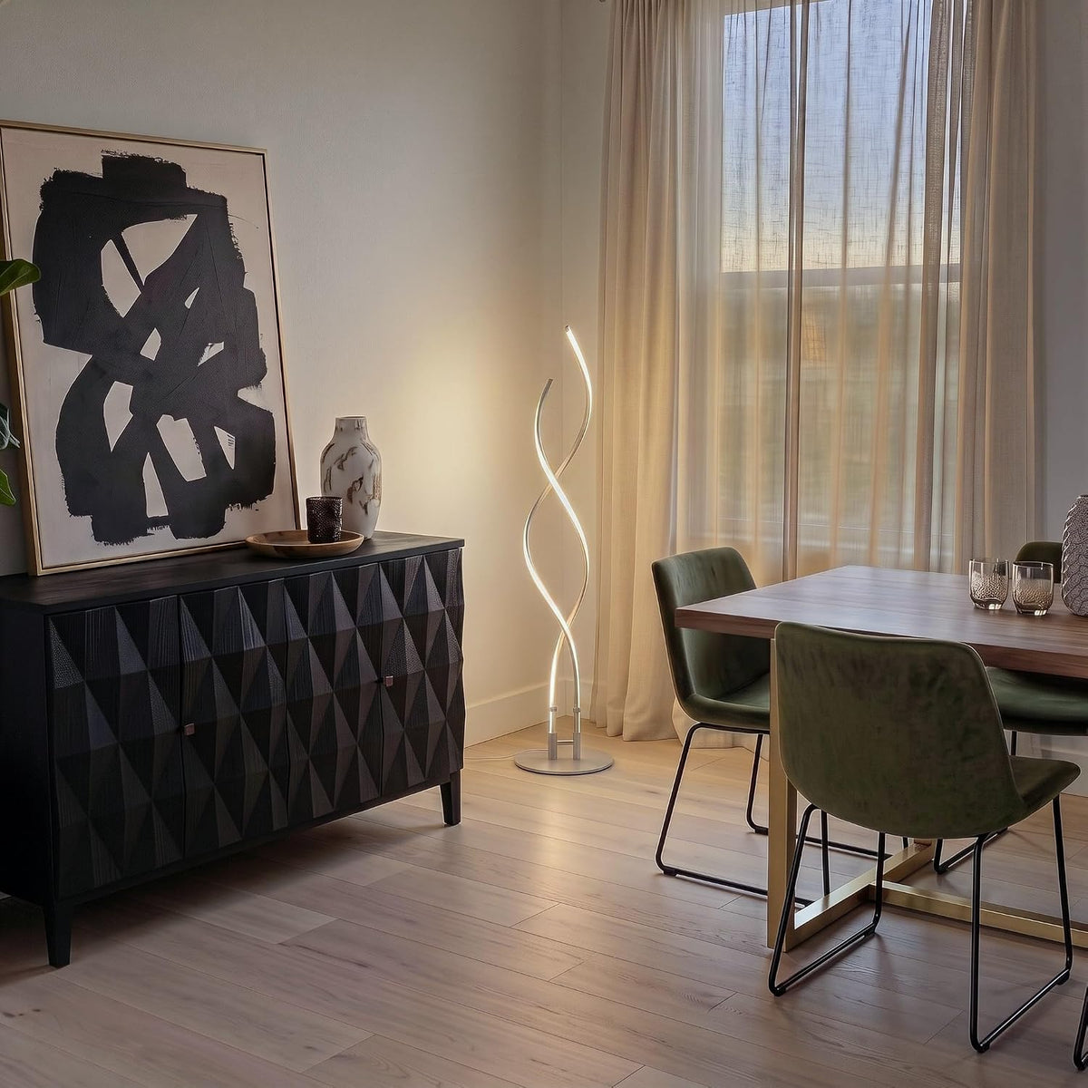 Brightech Embrace Dimmable LED Floor Lamp – Modern Spiral Adjustable Standing Lamp for Living Rooms & Offices – 2-in-1 Tall End Table Lamp for Bedroom Reading - Silver
