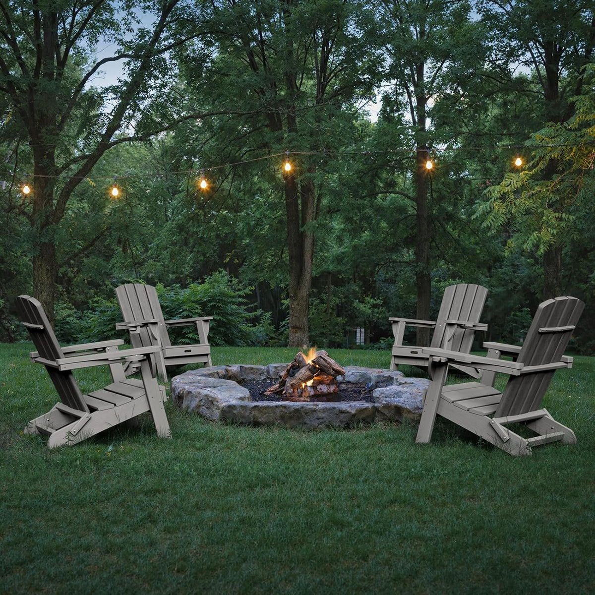 Folding Adirondack Chair Set of 4, HDPE Adirondack Chairs with 2 Cup Holder, Plastic All-Weather Fire Pit Chairs, Outdoor Lawn Chair for Patio Garden (Grey)