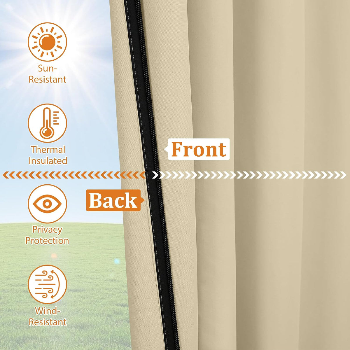 Arfntevss Outdoor Curtains for Patio Waterproof 2 Panels Blackout Curtains 84 inch Long with Zipper Top & Bottom Grommet Sun Blocking Outdoor Privacy Drape for Gazebo Porch Pergola (54x84, Beige)