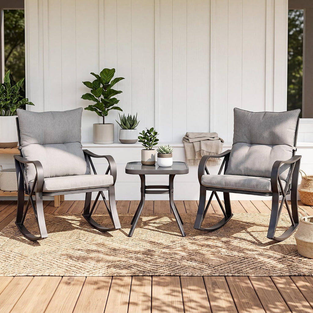 SUNBURY 3 Piece Patio Rocking Conversation Set, Outdoor Rocking Chairs with Thick Removable Cushions & Side Table, Bistro Furniture Set for Porch, Balcony, Poolside, Backyard, Grey