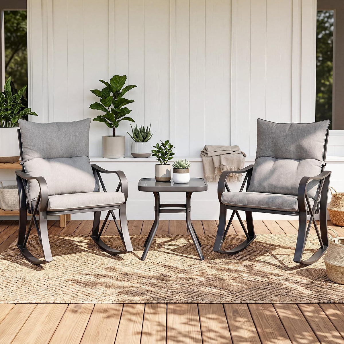 SUNBURY 3 Piece Patio Rocking Conversation Set, Outdoor Rocking Chairs with Thick Removable Cushions & Side Table, Bistro Furniture Set for Porch, Balcony, Poolside, Backyard, Grey