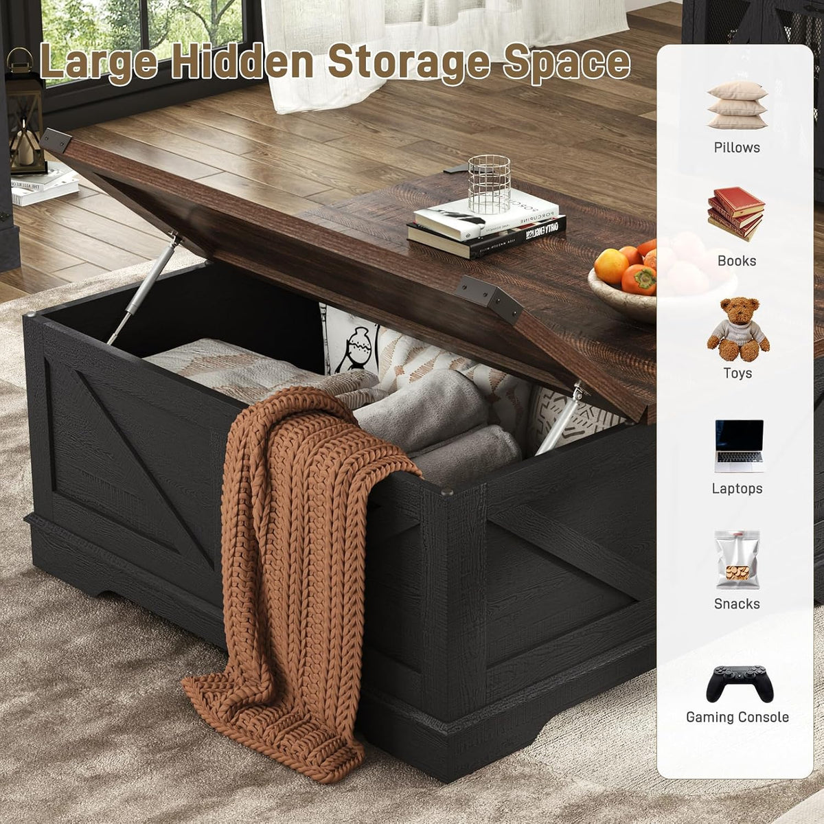 Hlivelood 40” Large Farmhouse Lift Top Coffee Table with Power Outlets and Large Hidden Storage, Square Wood Living Room Tables, Multi-Function Lift Wooden Barn Door Center Table, Black