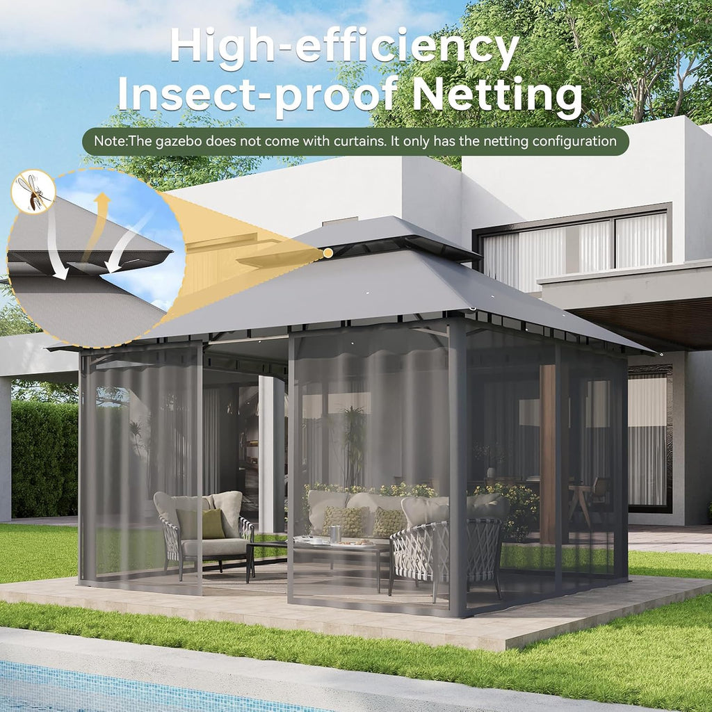 Aoxun 12x10 Outdoor Gazebo with Mosquito Netting & Double Roof, Gray